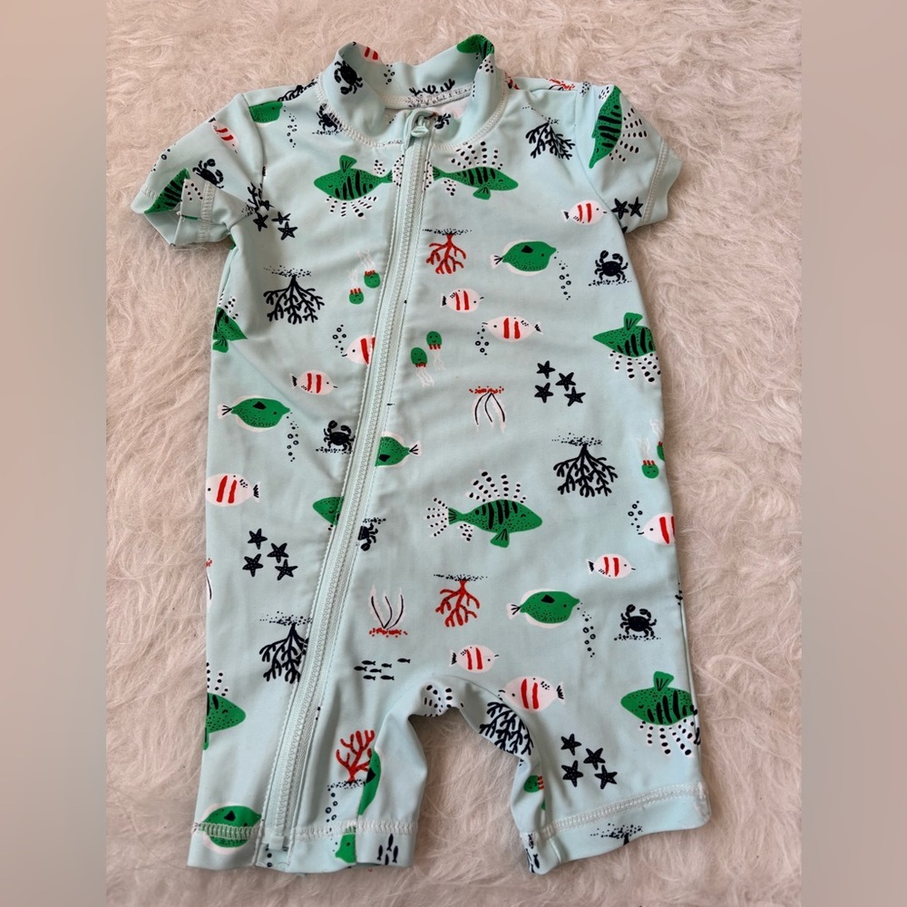 Carter's Mint One-Piece Swimsuit with Green & Red Fish Print